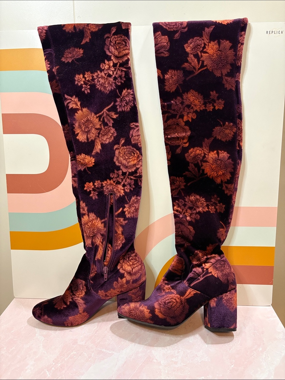 Over-the-Knee Floral Velvet Boots in Burgundy with Rose Accents